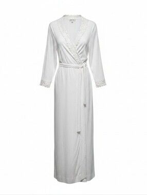 Vintage Christian Dior for I. Magnin White Lace Trim Lounge Robe • Pleated Wrap